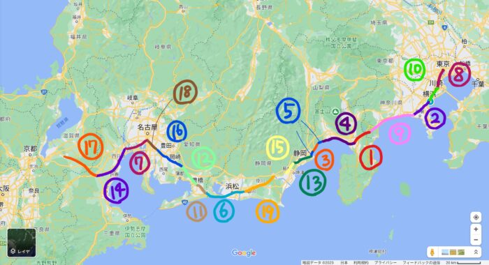 GoogleMap上に実際に歩いた道のりを、回ごとに色を分けて記載。